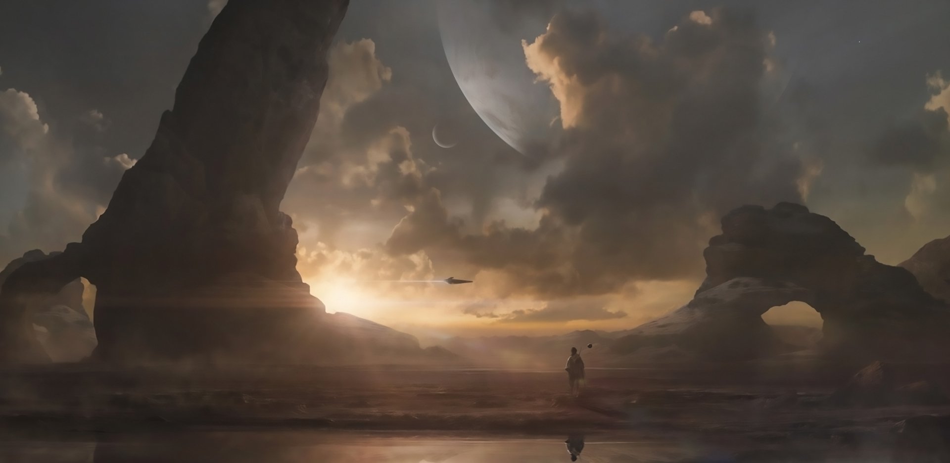 HD PC desktop wallpaper background — sci‑fi landscape: lone figure on a reflective shore beneath towering rock arches, a spaceship silhouette and crescent planet amid golden, stormy clouds.