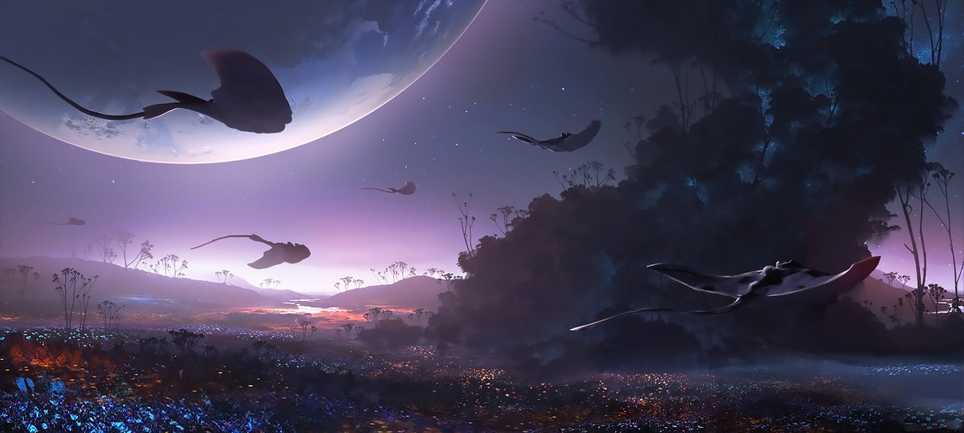 Fantasy landscape HD PC desktop wallpaper: glowing purple fields and distant hills beneath a massive moon, silhouetted flying creatures drifting across a starry twilight sky.