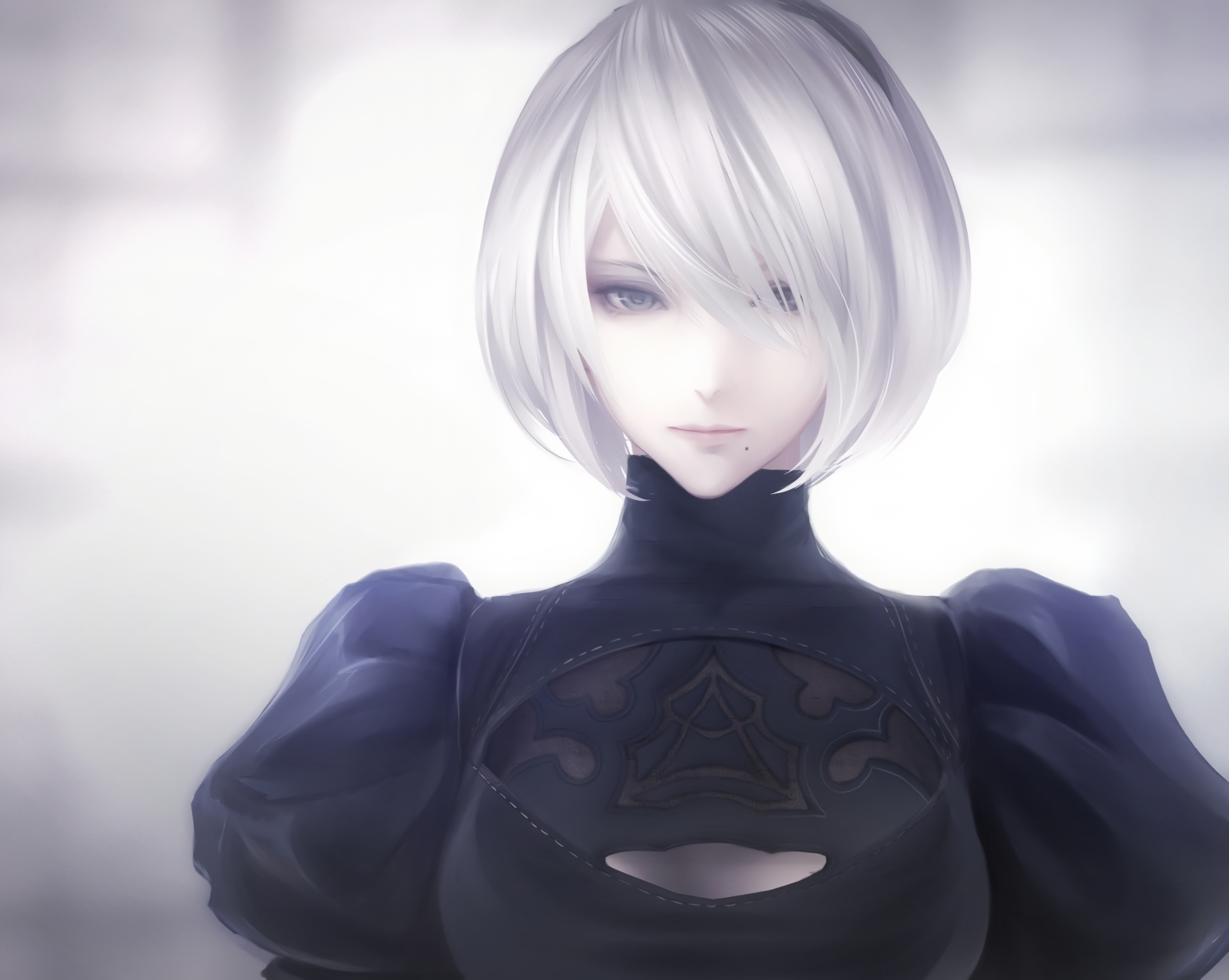 A digital wallpaper of YoRHa No.2 Type B from NieR: Automata, featuring a character with short white hair, blue eyes, and a distinctive headband, set against a soft background.