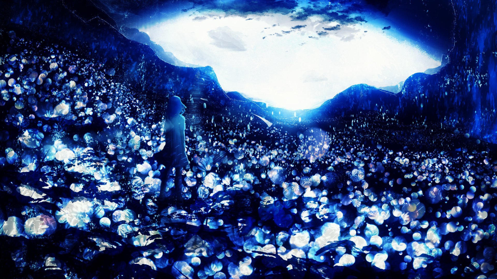 A breathtaking fantasy scene featuring a figure standing among glowing blue flowers, set against a dramatic sky, creating an enchanting atmosphere in this anime-inspired wallpaper.