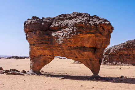 4K Ultra HD image of a natural stone arch in the Sahara Desert, Hoggar Mountains, Tassili N'Ajjer, Algeria, showcasing Africa's dramatic desert landscape.