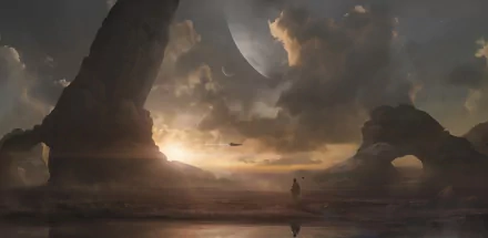 HD PC desktop wallpaper background — sci‑fi landscape: lone figure on a reflective shore beneath towering rock arches, a spaceship silhouette and crescent planet amid golden, stormy clouds.