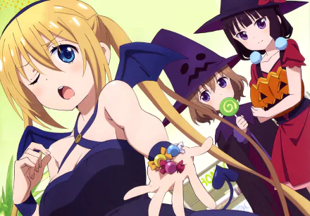 HD desktop wallpaper featuring anime characters Mafuyu Hoshikawa, Maika Sakuranomiya, and Kaho Hinata from Blend S in Halloween costumes.
