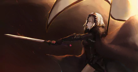 Jeanne d'Arc Alter from Fate/Grand Order, depicted as a blonde, short-haired woman warrior with yellow eyes wielding a sword in 4K Ultra HD anime style.