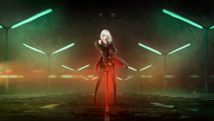 A night scene with Jeanne d'Arc Alter from Fate/Grand Order under rain, standing with a sword in hand. The background features lamp posts and a dark, atmospheric ambiance. HD anime wallpaper.