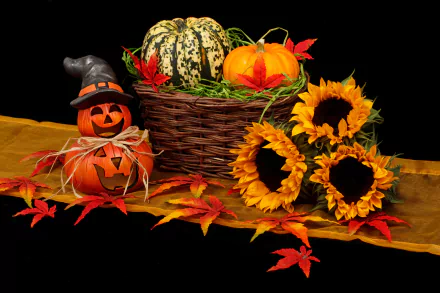 A vibrant 4K Ultra HD still life of fall featuring a wicker basket with gourds and a jack-o'-lantern, surrounded by sunflowers and autumn leaves on a dark background.