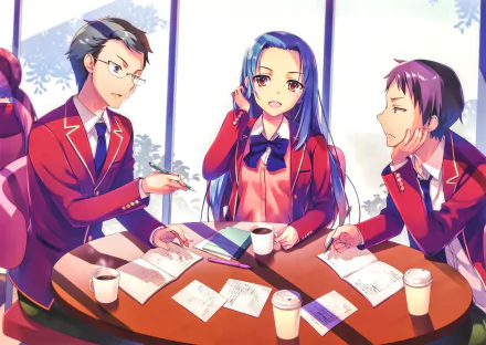 8K Ultra HD PC desktop wallpaper of Classroom of the Elite: Akito Miyake, Teruhiko Yukimura and Haruka Hasebe in red school uniforms discussing papers and coffee at a round classroom table.