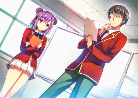 Akane Tachibana and Manabu Horikita from Classroom of the Elite stand in a bright classroom, rendered in vivid detail for an 8K Ultra HD anime desktop wallpaper.