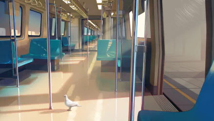 Anime-style HD desktop wallpaper depicting a bright, empty train interior with teal seats and a small white bird on the floor near the open door.