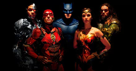 HD Justice League desktop wallpaper featuring Cyborg (Ray Fisher), Flash (Ezra Miller), Batman (Ben Affleck), Wonder Woman (Gal Gadot), and Aquaman (Jason Momoa) from the 2017 movie.