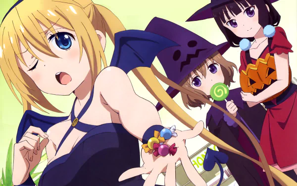 HD desktop wallpaper featuring anime characters Mafuyu Hoshikawa, Maika Sakuranomiya, and Kaho Hinata from Blend S in Halloween costumes.