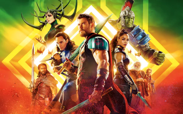 HD desktop wallpaper featuring main characters from the movie Thor: Ragnarok, with vibrant, multicolored background and dynamic poses highlighting Thor and fellow characters.