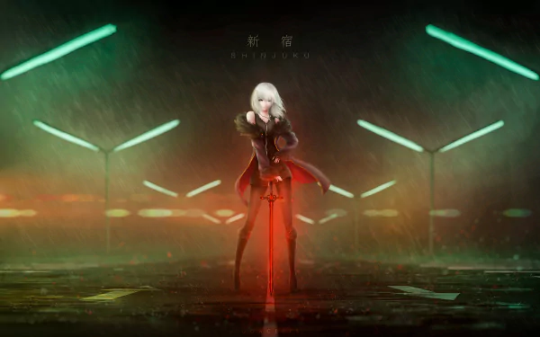 A night scene with Jeanne d'Arc Alter from Fate/Grand Order under rain, standing with a sword in hand. The background features lamp posts and a dark, atmospheric ambiance. HD anime wallpaper.