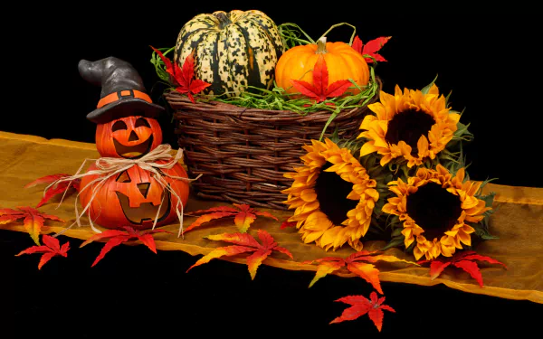 A vibrant 4K Ultra HD still life of fall featuring a wicker basket with gourds and a jack-o'-lantern, surrounded by sunflowers and autumn leaves on a dark background.