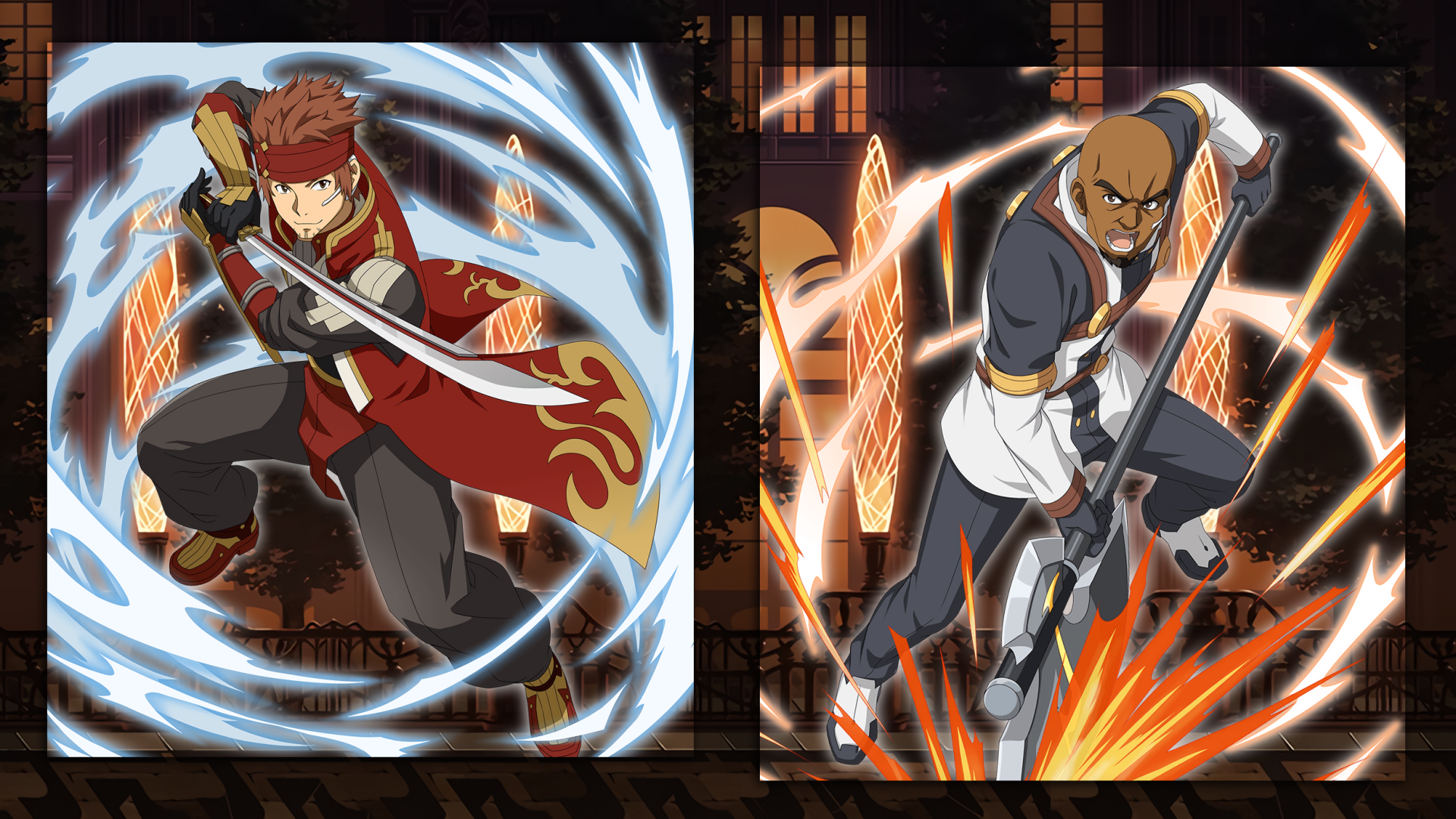 HD PC desktop wallpaper/background from Sword Art Online: Memory Defrag — anime scene of two swordfighters: a red-clad warrior with a blue energy swirl and a gray-armored fighter amid orange sparks.