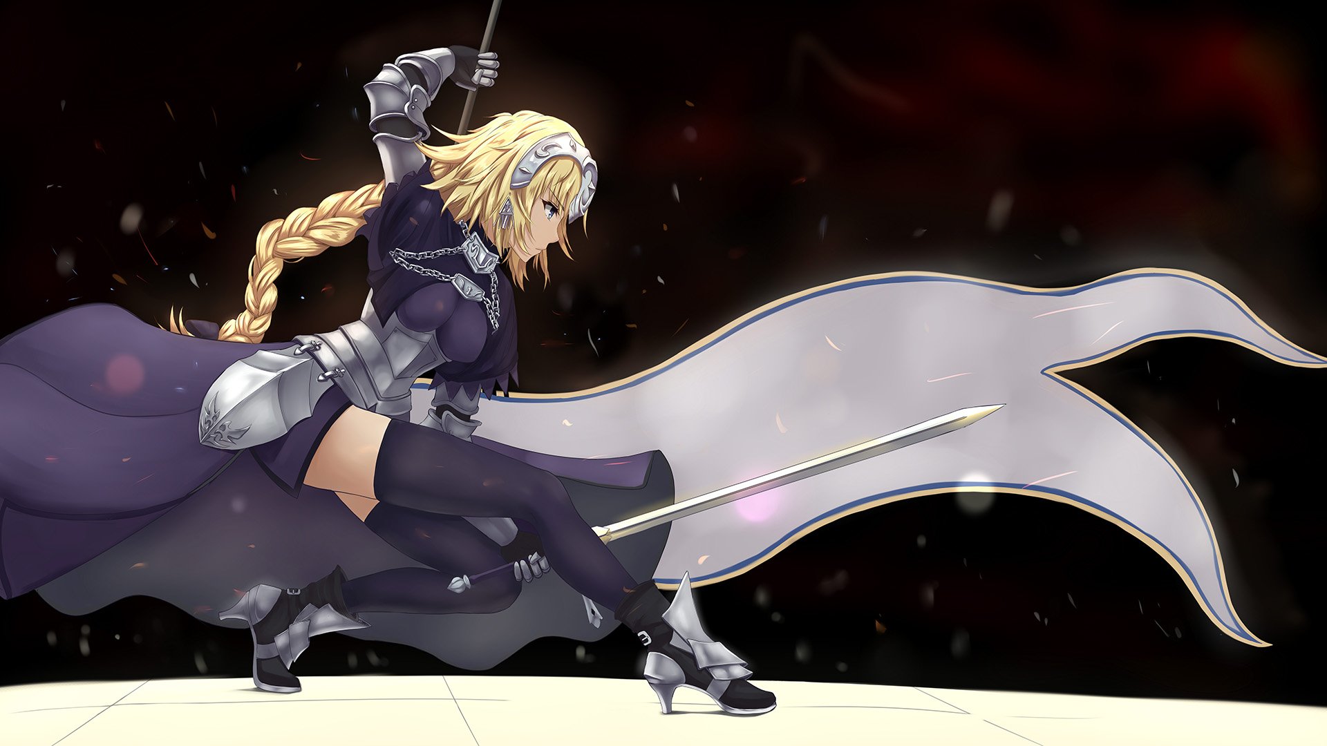 Anime-style HD wallpaper of Jeanne d'Arc from Fate/Apocrypha with long blonde hair, blue eyes, and armor, wielding a lance and sword alongside her flag.