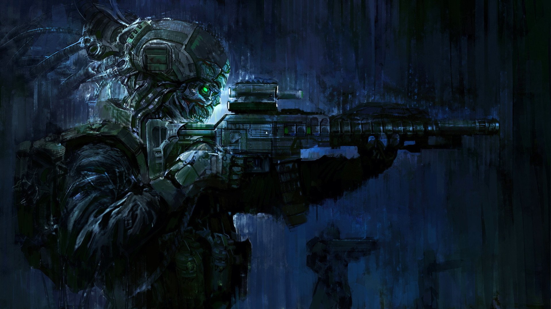 A Sci-Fi warrior clad in advanced armor aims an assault rifle in the rain, depicted in a dark and intense HD wallpaper and background.
