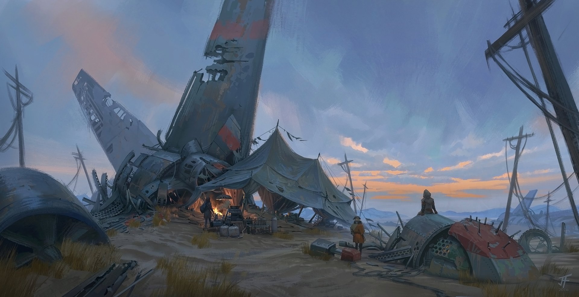HD sci-fi post-apocalyptic desktop wallpaper showing a crashed, dilapidated aircraft surrounded by tents and figures against a moody, cloudy sky at sunset.