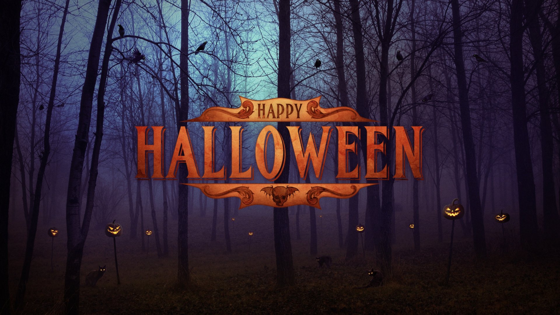 HD Halloween desktop wallpaper featuring glowing jack-o'-lanterns scattered in a dark forest at night with Happy Halloween text prominently displayed.