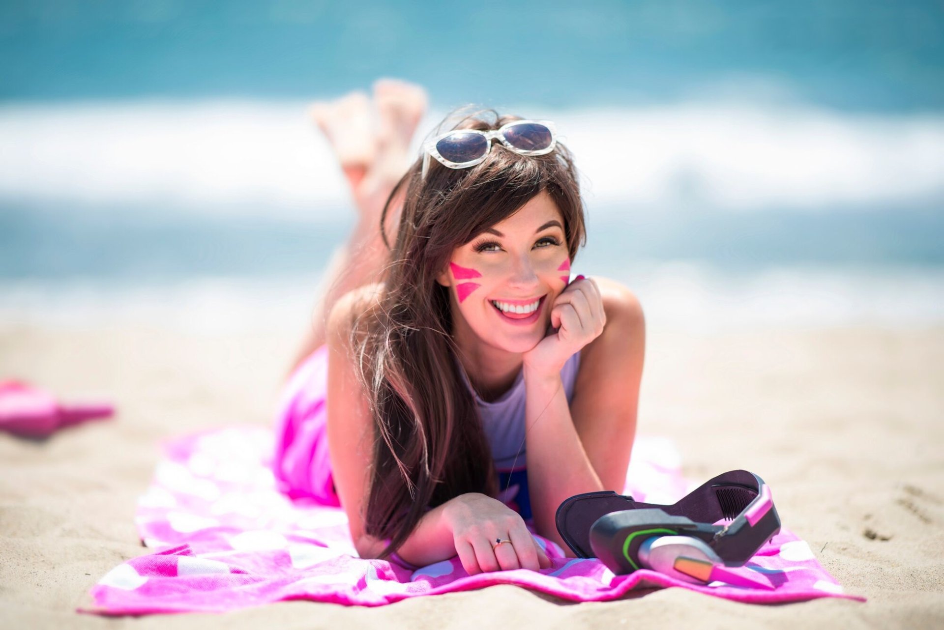 D.Va Overwatch Cosplay by Meg Turney – Stunning HD Beach Wallpaper by
