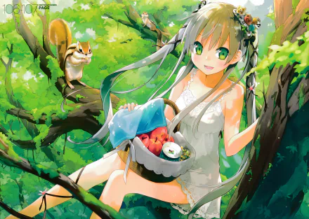Original anime-style artwork of a girl in a white dress with green eyes, sitting on a tree branch with a chipmunk, rendered in 4K Ultra HD for PC desktop wallpaper.