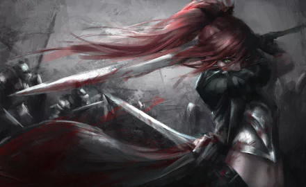 A high-definition fantasy wallpaper featuring a fierce woman warrior with red hair in a ponytail, brandishing a sword amid a dark, intense battle scene.