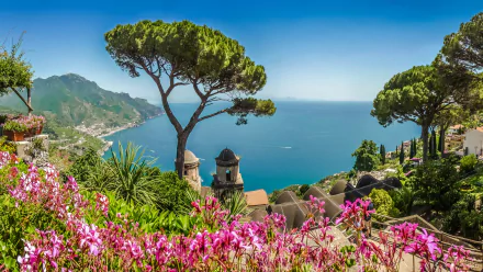 Vibrant 4K Ultra HD view of Amalfi Coast, Italy, featuring blooming flowers, a lone tree, historic architecture, and the expansive blue sea meeting the horizon.