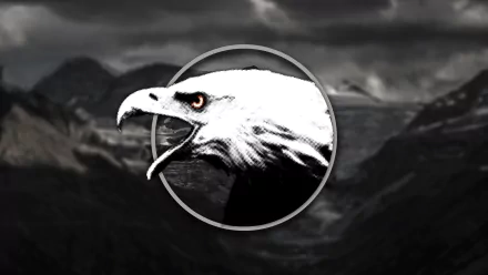 Black and white 4K Ultra HD desktop wallpaper featuring a striking eagle head within a circle against a mountainous landscape background.