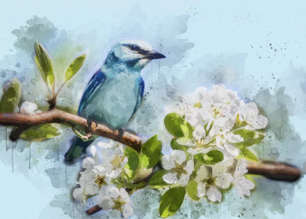 Watercolor 2K Quad HD PC desktop wallpaper: a blue bird perched on a branch amid white cherry blossom flowers.