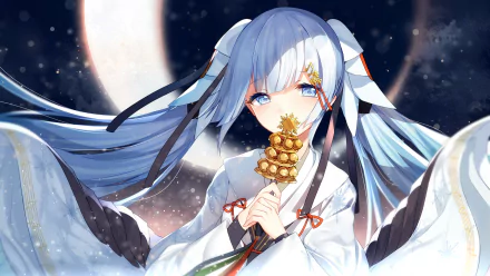 HD PC desktop wallpaper featuring Hatsune Miku from Vocaloid, depicted in an anime style with long blue twin-tails, holding a golden object against a moonlit night sky.