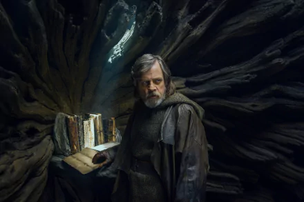 Mark Hamill as Luke Skywalker stands in a mystical setting, surrounded by ancient books, from Star Wars: The Last Jedi, captured in stunning 4K Ultra HD quality.