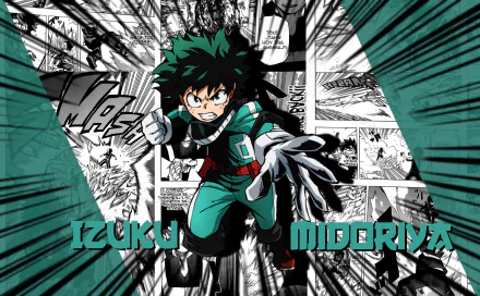 HD desktop wallpaper featuring Izuku Midoriya from the manga and anime My Hero Academia, with a dynamic background of manga panels and action lines.