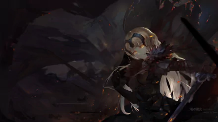 HD wallpaper featuring Jeanne d'Arc Alter from Fate/Grand Order. The anime character is a blonde woman warrior with long hair and yellow eyes, wielding a sword in a dark, intense background.