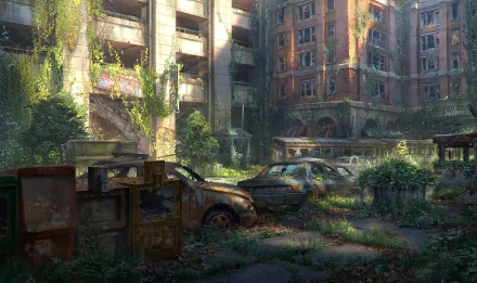 HD PC desktop wallpaper showcasing a sci-fi post-apocalyptic scene with overgrown vegetation reclaiming abandoned, decayed urban buildings and rusted vehicles.