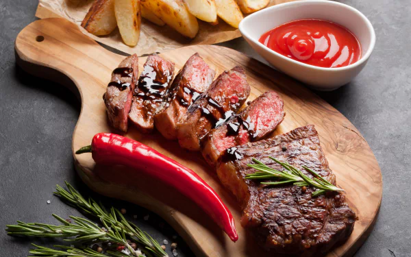 HD desktop wallpaper of a still life featuring grilled steak slices, potato wedges, a bowl of ketchup, red pepper, and fresh rosemary on a wooden cutting board.