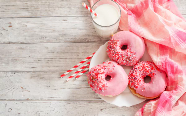 Still life of three pink frosted doughnuts with sprinkles on a white plate, accompanied by a glass of milk with striped straws, on a rustic wooden surface, 4K Ultra HD wallpaper.