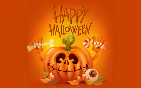 A cheerful jack-o'-lantern with candy and an eyeball, surrounded by autumn leaves, set against an orange background with Happy Halloween text in 4K Ultra HD quality.