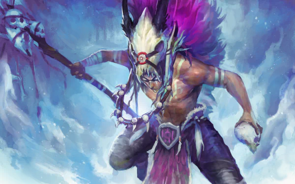 A dynamic 4K Ultra HD fantasy wallpaper of a shaman wielding a staff, wearing a skull-adorned headdress, set against a mystical, icy blue background.