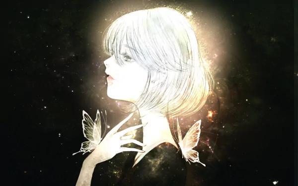 HD anime desktop wallpaper featuring Diamond from Land of the Lustrous, glowing softly with ethereal butterflies against a dark, shimmering background.