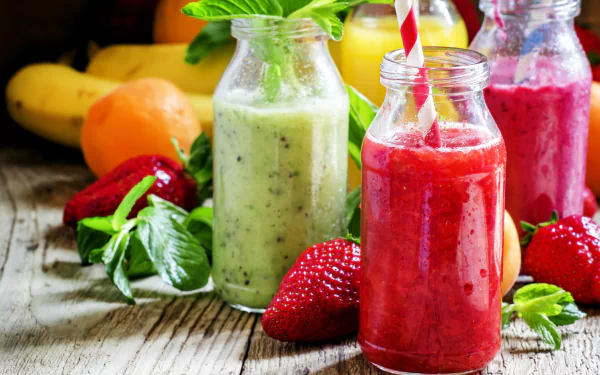 A vibrant still life of fresh fruit and colorful smoothies in glass bottles on a rustic wooden table, captured in 4K Ultra HD for a PC desktop wallpaper background.