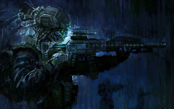 A Sci-Fi warrior clad in advanced armor aims an assault rifle in the rain, depicted in a dark and intense HD wallpaper and background.