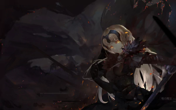 HD wallpaper featuring Jeanne d'Arc Alter from Fate/Grand Order. The anime character is a blonde woman warrior with long hair and yellow eyes, wielding a sword in a dark, intense background.