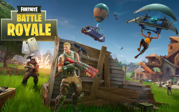 HD desktop wallpaper featuring Fortnite Battle Royale. Characters engage in dynamic gameplay with floating platforms, buildings, and the iconic yellow logo in the background.