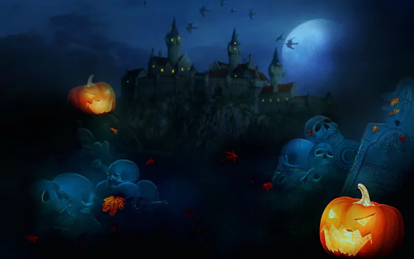 jack-o'-lantern tombstone skeleton bat moon castle holiday halloween HD Desktop Wallpaper | Background Image