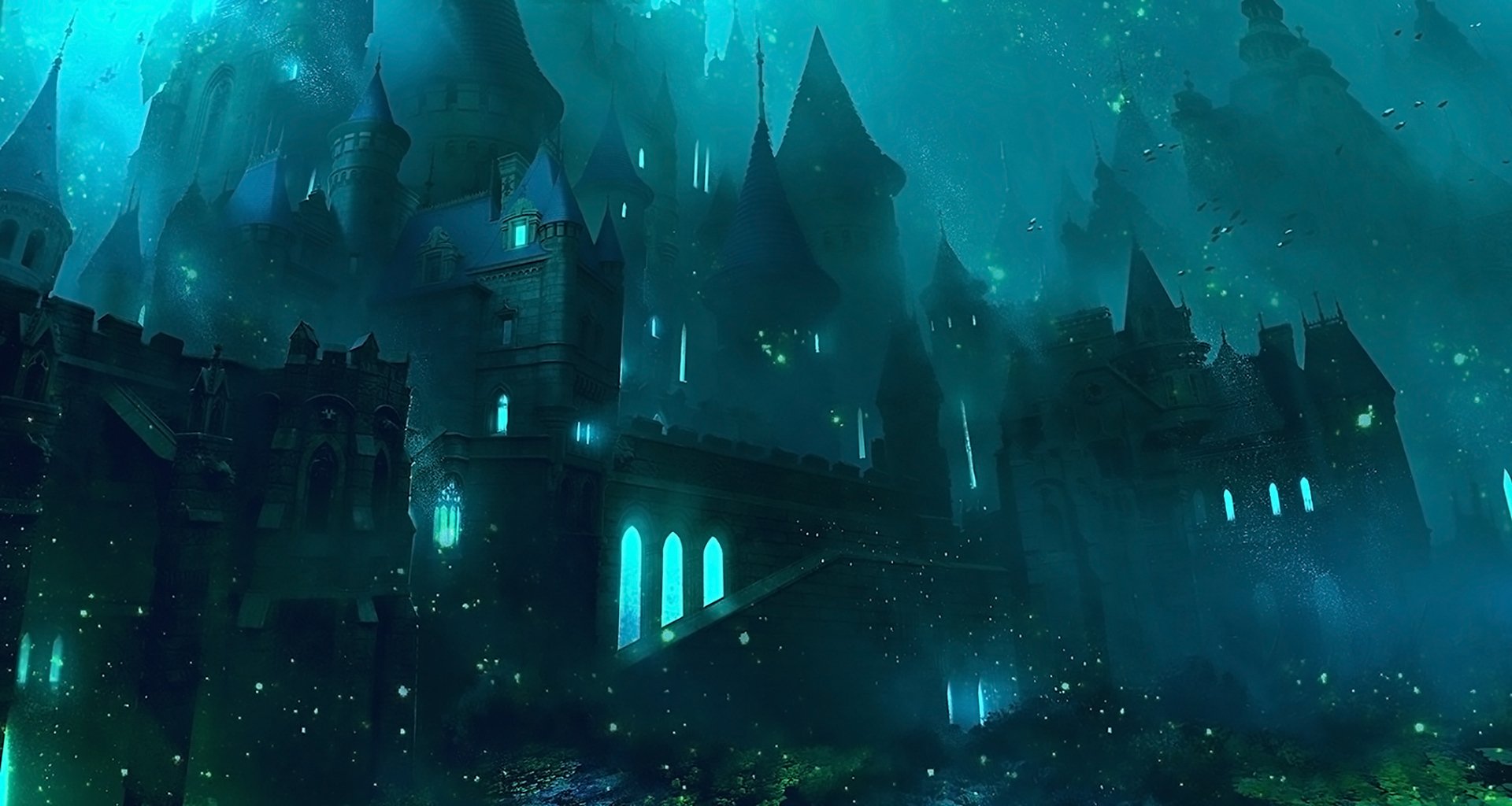 HD fantasy PC desktop wallpaper featuring a dark, mystical castle illuminated by glowing blue lights amid a foggy, enchanted landscape.