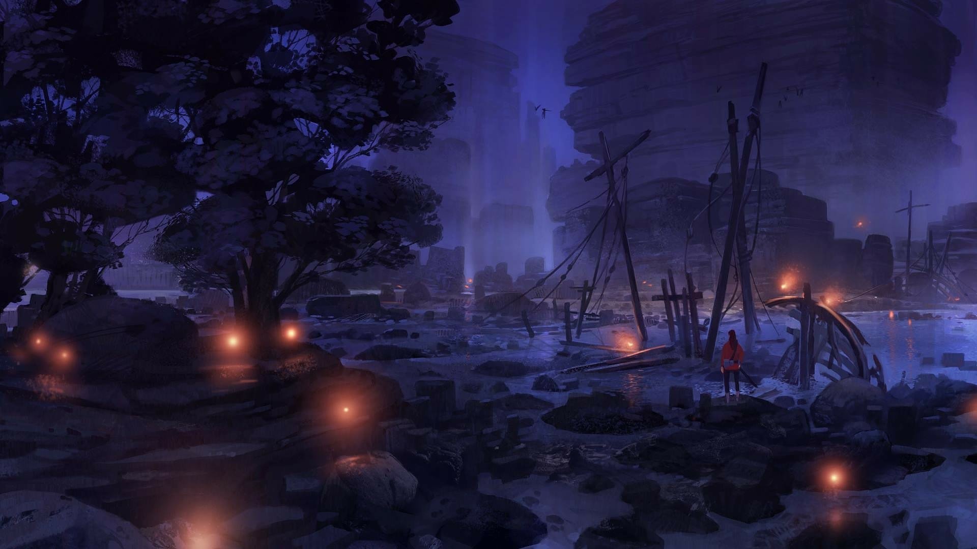 HD PC desktop wallpaper/background — moody fantasy landscape: misty rocky shore with ruined ships, glowing lanterns, towering cliffs and a lone red‑cloaked traveler.