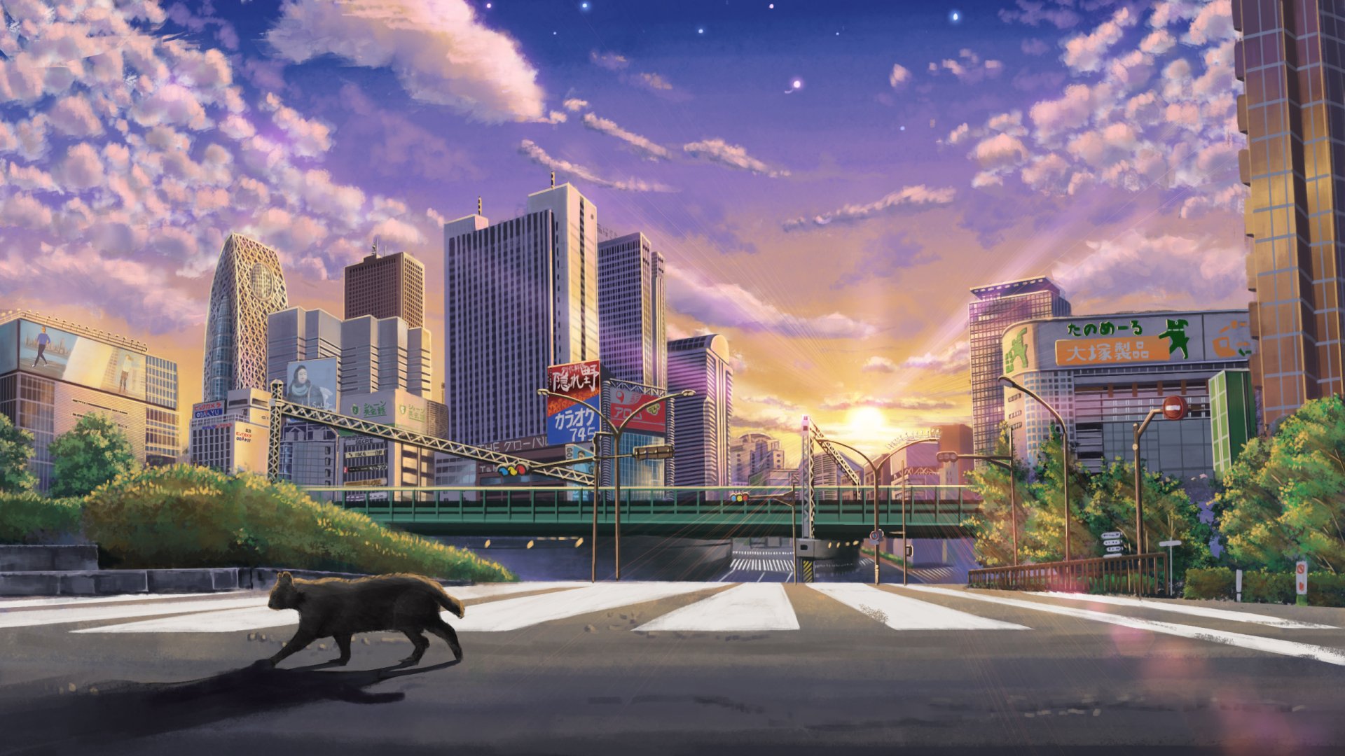 Anime-style HD original desktop wallpaper depicting a cityscape at sunset with detailed buildings, street elements, and a black cat crossing the road.