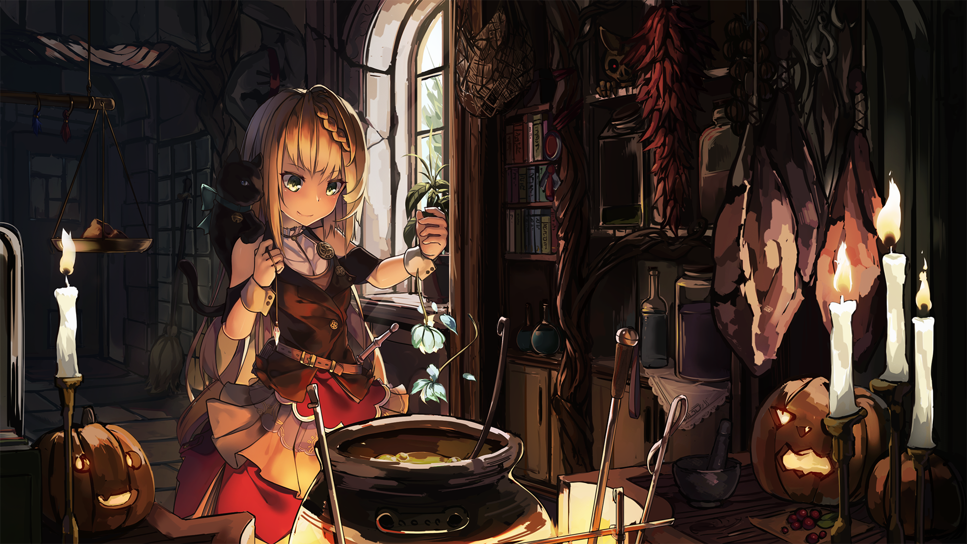 A captivating anime-themed HD wallpaper featuring an original character working on a magical potion in a charming, cozy room lit by candles.