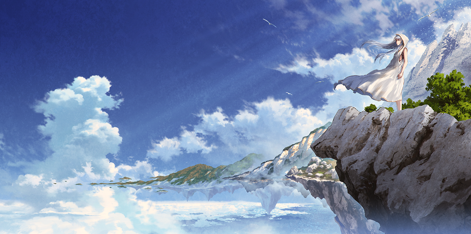Anime-style HD desktop wallpaper depicting a serene mountain island under a bright blue sky with fluffy clouds, featuring a lone figure in white on rocky cliffs.
