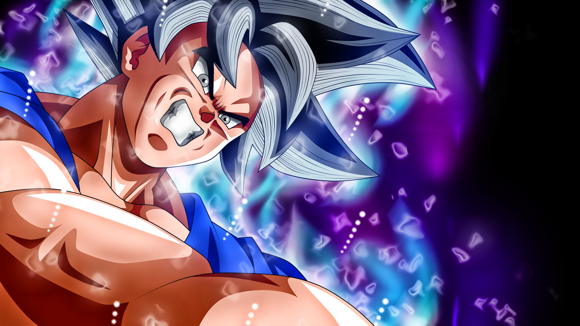 HD desktop wallpaper of a character from Dragon Ball Super in a powerful pose, with intense blue and purple energy aura in the background.